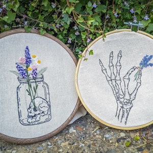 Embroidery pattern bundle - 2 X Patterns Skeleton hand / Skull jar floral bouquet lavender digital guide PDF for hand embroidery