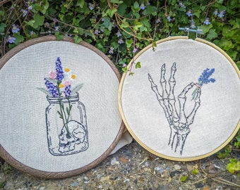 Embroidery pattern bundle - 2 X Patterns Skeleton hand / Skull jar floral bouquet lavender digital guide PDF for hand embroidery