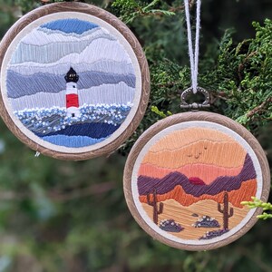 Landscape Embroidery Pattern Bundle: Desert Sunset & Lighthouse Seascape (PDF digital download)
