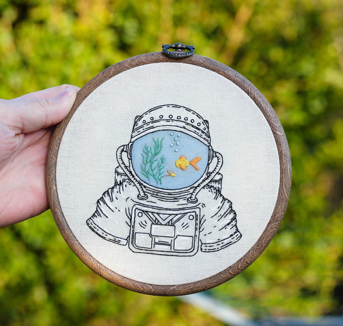 Astronaut Fish Bowl Embroidery pattern digital PDF guide | Etsy