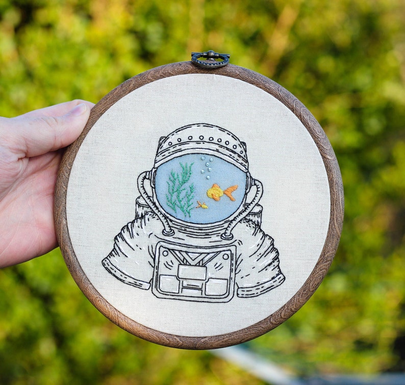 Astronaut Fish Bowl Embroidery pattern digital PDF guide spaceman hand embroidery image 5