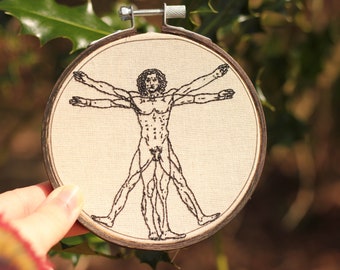 Vitruvian Man lijnwerk borduurwerk hoepel Da Vinci anatomie klassieke kunst 4"