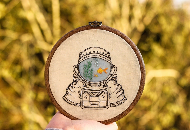 Astronaut Fish Bowl Embroidery pattern digital PDF guide spaceman hand embroidery image 2