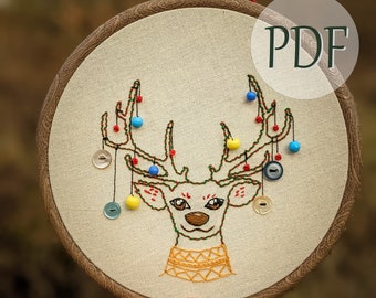 DIY Christmas Embroidery PDF Pattern Reindeer antlers decoration beginners festive hand embroidery step by step guide