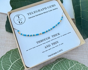 Through Thick and Thin Genuine Gemstone Morse Code Necklace 16-18", Gift for Her, Dainty Necklace, Hidden Message, Morse Code Jewelry