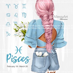 Ilustracja horoskopu do pobrania natychmiast, rysunek znaku zodiaku Ryby, sztuka do druku, dziewczyna Ryby, ilustracja astrologii, kobieta Ryby