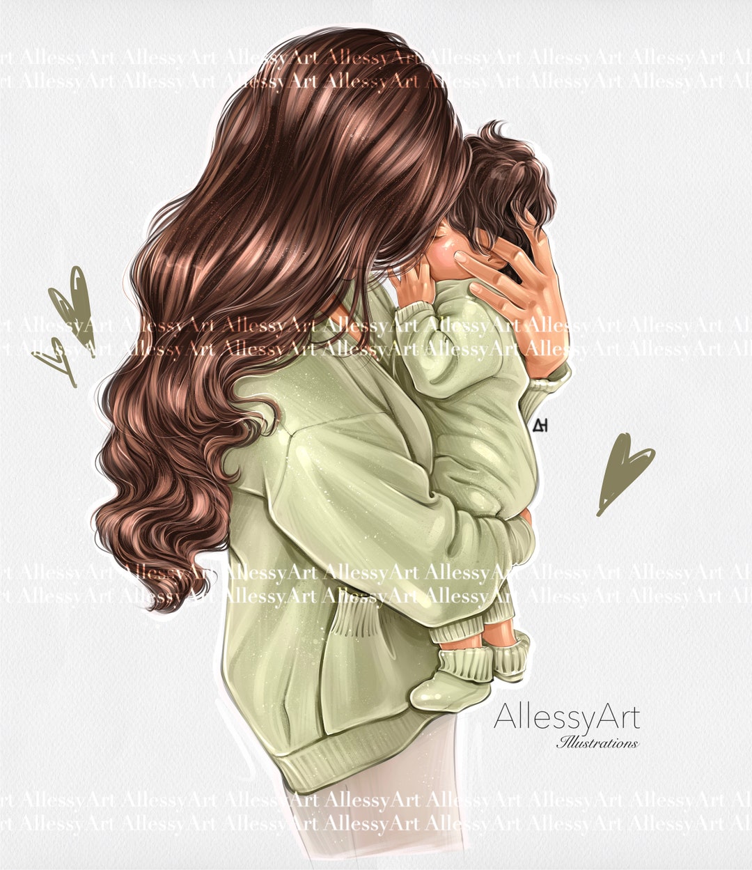 Instant Download Mommy and Me Digital Illustration Mom and Baby Green ...