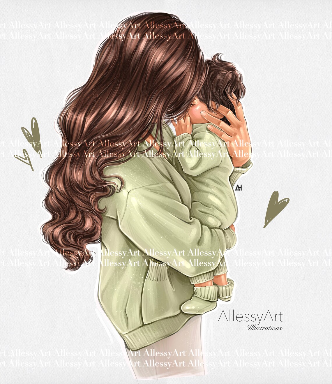 Instant Download Mommy and Me Digital Illustration Mom and Baby Green ...