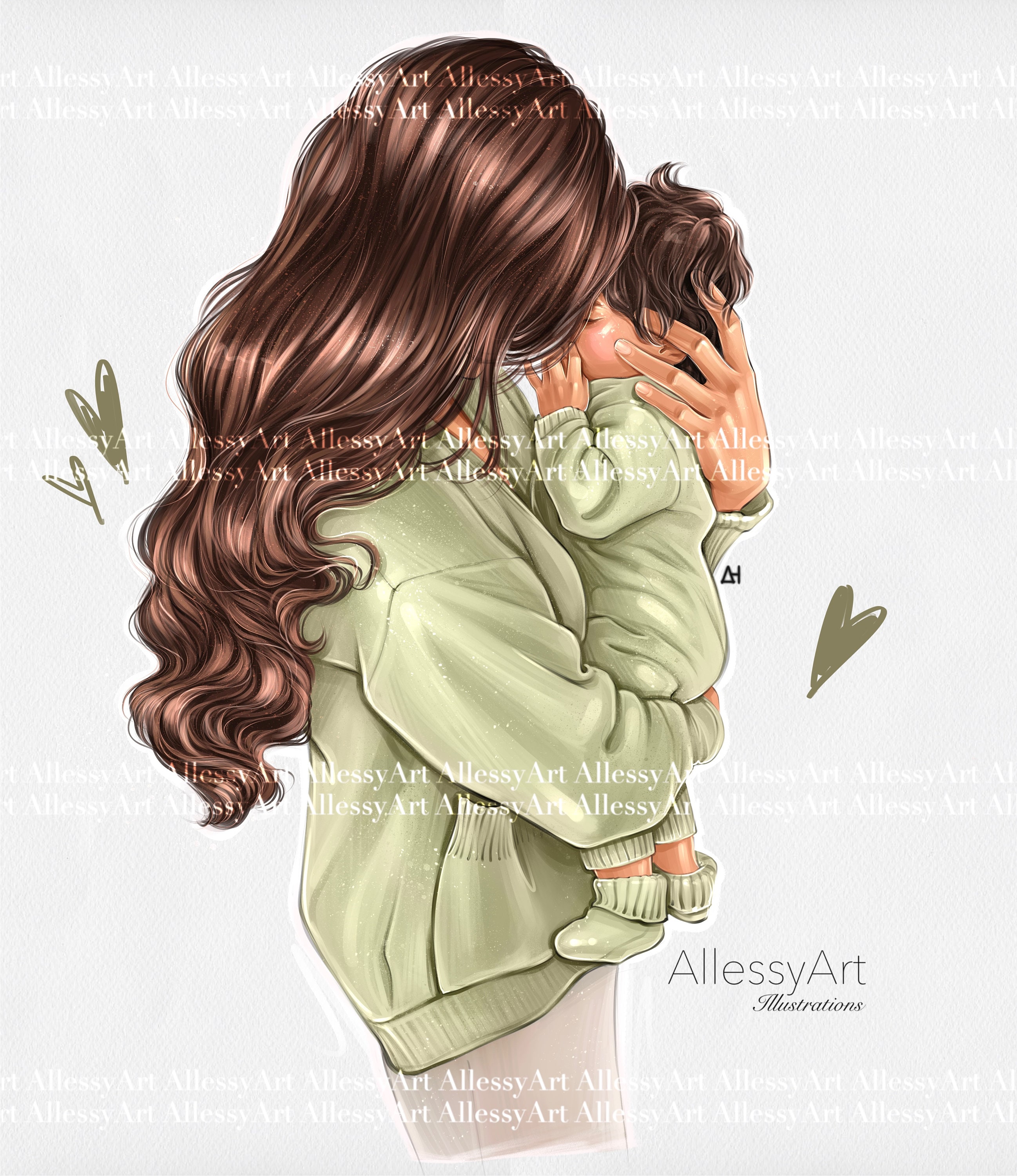 Instant Download Mommy and Me Digital Illustration Mom and Baby Green