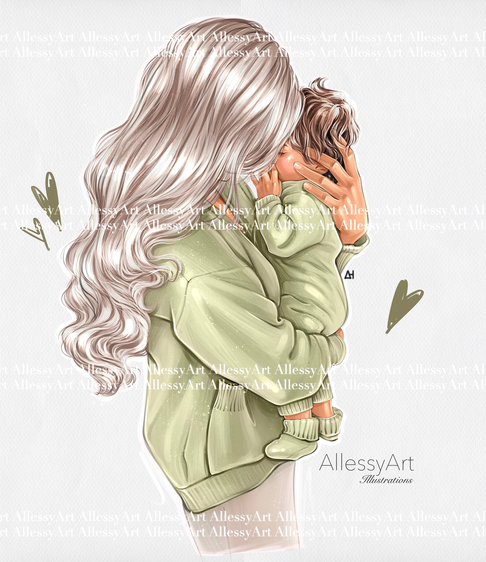 Instant Download Mommy and Me Digital Illustration Mom and Baby Green ...