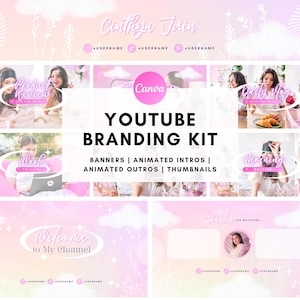 Pu&ograve; includere: Un kit di branding YouTube rosa e bianco con un design a nuvole e stelle. Il kit include banner, intro animate, outro animate e miniature. Il testo "Cynthia Juin" &egrave; nella parte superiore dell'immagine.
