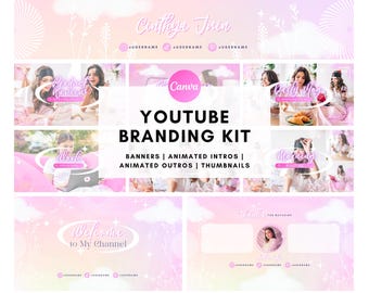 Pink Beauty Blogger YouTube Branding Kit: Animated Intro, Banner, Thumbnail (Canva Editable)