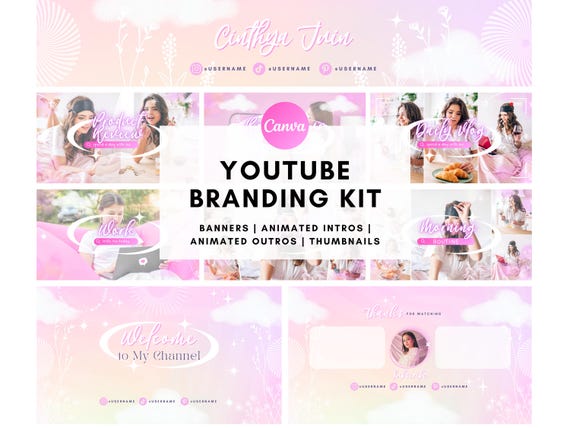 Pink Beauty Blogger YouTube Branding Kit: Animated Intro, Banner, Thumbnail (Canva Editable)