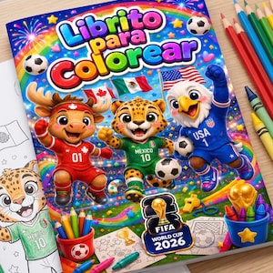 May include: A coloring book titled "Librito para Colorear" featuring cartoon mascots representing Mexico, Canada, and the USA, with soccer balls and flags. The book is for the FIFA World Cup 2026, with crayons and colored pencils.