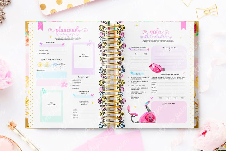 May include: Open planner with gold spiral binding, featuring colorful pages with text and illustrations. The pages are decorated with pink, blue, and yellow accents, with text in Spanish. The planner includes sections for planning and tracking goals.