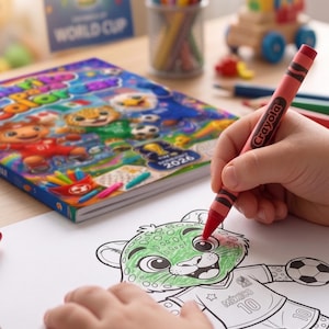 May include: A child coloring a soccer-themed illustration with a red Crayola crayon. The drawing features a green leopard wearing a Mexico jersey. A coloring book and pencils are visible on the wooden table.
