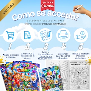 May include: An image with the text "EXCLUSIVE" and "EDITA EN Canva". It shows a step-by-step guide with icons and text in Spanish, including a shopping cart, PDF, notebook, printer, and money symbol. Coloring books with cartoon characters are also visible.