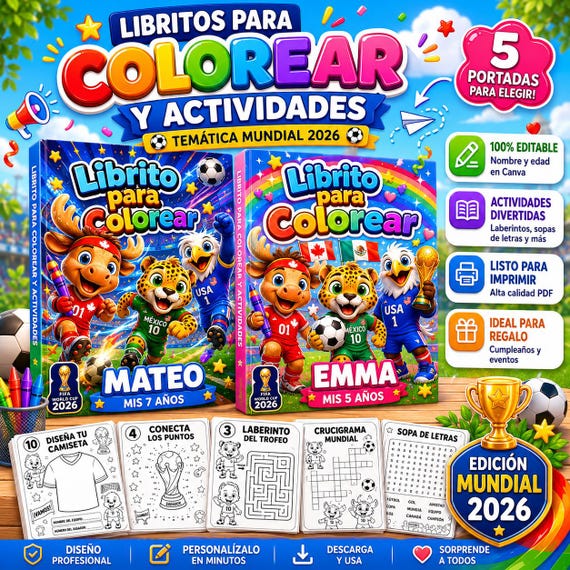 World Cup 2026 Kids Coloring Book, Editable Football Activity Pages (Canva PDF)