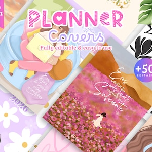 以下が含まれることがあります： さまざまなデザインのプランナーカバーのコレクション。花柄、イラスト、テキストなどがあります。カバーには「PLANNER Covers」と「Fully editable & easy to use」の文字が記載されています。一部のカバーには「2026」の年号が入っています。