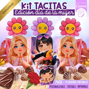 Puede incluir: Un juego de regalo rosa y morado con el texto "Kit TACITAS Edición día de la mujer" e ilustraciones de flores sonrientes y mujeres de dibujos animados. El juego incluye bombones y un ramo de rosas rojas. También se ve el texto "PACK + 10 DISEÑOS EDITABLES".