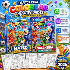 May include: Two coloring books with the text "Libritos Para Colorear Y Actividades" featuring cartoon characters in soccer uniforms. The books are themed for the 2026 World Cup, with the names "Mateo" and "Valentina" on the covers. Includes coloring pages and activities.