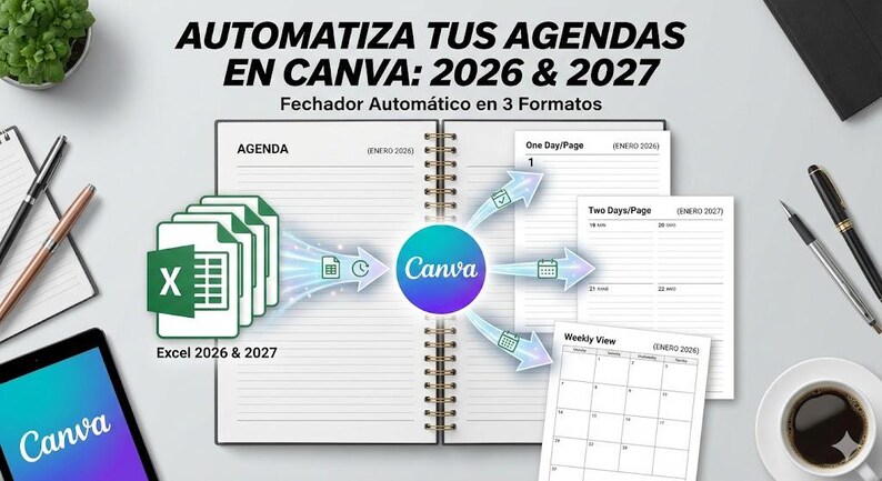 以下が含まれることがあります： 2026年と2027年のCanvaでのアジェンダ自動化を促進する画像。「AUTOMATIZA TUS AGENDAS EN CANVA: 2026 & 2027」と「Fechador Autom&aacute;tico en 3 Formatos」のテキスト。Excelとアジェンダのフォーマットが含まれ、Canvaのロゴがあります。