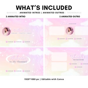 Pu&ograve; includere: Quattro modelli animati di introduzione e conclusione di YouTube con uno schema di colori rosa e bianco. I modelli presentano un design di nuvole e stelle con il testo "Coiffyn Jour", "Benvenuti sul mio canale" e "Grazie per aver guardato".