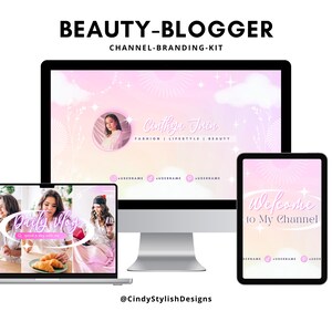 Pu&ograve; includere: Un kit di branding per una beauty blogger con uno schema di colori rosa e bianco con un design di nuvole e stelle. Il kit include un banner di YouTube, un'immagine del profilo e una schermata di benvenuto. Il testo sul banner recita "Cintfiyn Jour" e "Moda | Stile di vita | Bellezza". Il testo sulla schermata di benvenuto recita "Benvenuti sul mio canale".