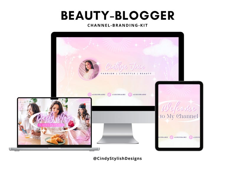 Pu&ograve; includere: Un kit di branding per una beauty blogger con uno schema di colori rosa e bianco con un design di nuvole e stelle. Il kit include un banner di YouTube, un'immagine del profilo e una schermata di benvenuto. Il testo sul banner recita "Cintfiyn Jour" e "Moda | Stile di vita | Bellezza". Il testo sulla schermata di benvenuto recita "Benvenuti sul mio canale".