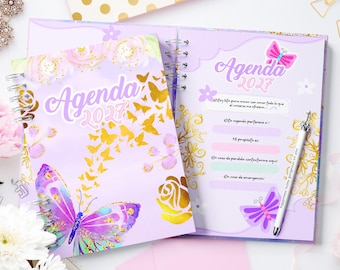 2027 Weekly Planner Canva Template, Lavender Butterfly 2027 Agenda (A5)