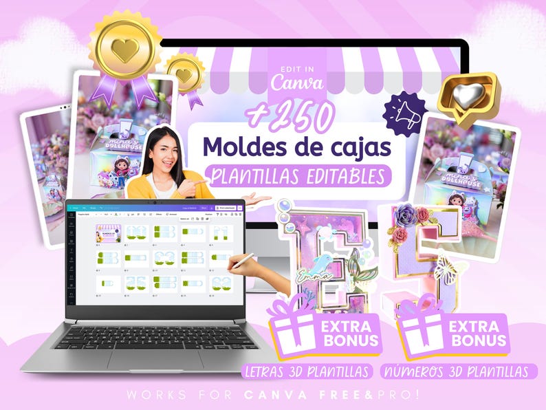 Pu&ograve; includere: Un laptop e un display del computer mostrano modelli modificabili per scatole, con il testo "+250 Moldes de cajas PLANTILLAS EDITABLES" e "EDIT IN Canva". Grafiche aggiuntive includono confezioni regalo e badge dorati.