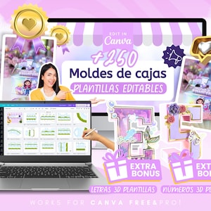 Pu&ograve; includere: Un modello di design digitale per Canva, con oltre 250 modelli di scatole modificabili. L'immagine include un laptop, un tablet e uno schermo desktop che mostrano elementi di design, con testo in spagnolo. Sono inclusi anche modelli bonus extra.