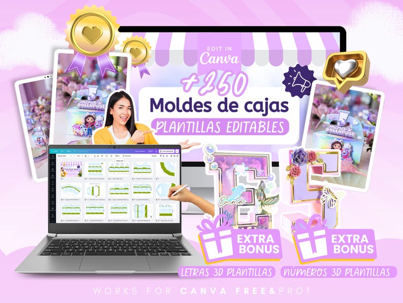 Pu&ograve; includere: Un modello di design digitale per Canva, con oltre 250 modelli di scatole modificabili. L'immagine include un laptop, un tablet e uno schermo desktop che mostrano elementi di design, con testo in spagnolo. Sono inclusi anche modelli bonus extra.