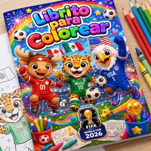 May include: A coloring book titled "Librito para Colorear" featuring cartoon mascots representing Mexico, Canada, and the USA, with soccer balls and flags. The book is for the FIFA World Cup 2026, with crayons and colored pencils.