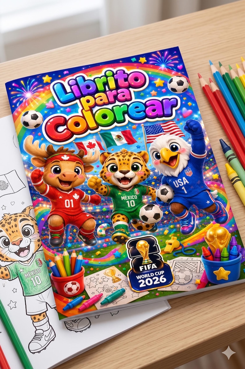 May include: A coloring book titled "Librito para Colorear" featuring cartoon mascots representing Mexico, Canada, and the USA, with soccer balls and flags. The book is for the FIFA World Cup 2026, with crayons and colored pencils.