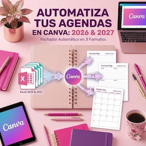Pode incluir: Imagem promocional para Canva, com um tema rosa e roxo. A imagem inclui um laptop, tablet e cadernos, todos exibindo o logotipo Canva. O texto diz "AUTOMATIZA TUS AGENDAS EN CANVA: 2026 & 2027". Páginas de planejador e uma xícara de café também são mostradas.