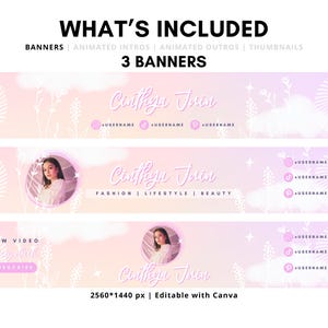 Pu&ograve; includere: Tre modelli di banner rosa e bianchi per i social media con un design floreale e il testo "Cinthya Jorin" e "Moda | Stile di vita | Bellezza". I banner sono di 2560 x 1440 pixel e modificabili con Canva.