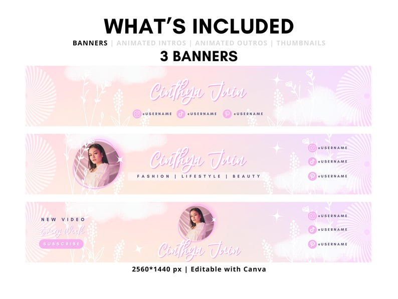 Pu&ograve; includere: Tre modelli di banner rosa e bianchi per i social media con un design floreale e il testo "Cinthya Jorin" e "Moda | Stile di vita | Bellezza". I banner sono di 2560 x 1440 pixel e modificabili con Canva.