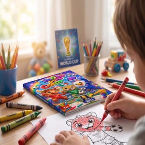 May include: A child coloring a soccer-themed coloring book with crayons. The book is open on a table with a drawing of a cartoon animal wearing a soccer uniform. A World Cup poster and colored pencils are also on the table.