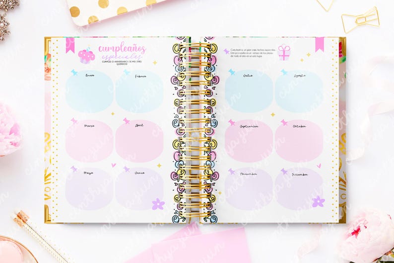 May include: Open notebook with a gold spiral binding, featuring pastel-colored monthly birthday tracking pages. The pages are decorated with whimsical illustrations and the Spanish text "cumplea&ntilde;os especiales".