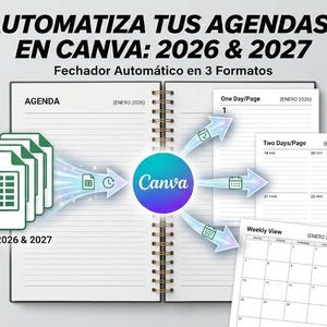 以下が含まれることがあります： 2026年と2027年のCanvaでのアジェンダ自動化を促進する画像。「AUTOMATIZA TUS AGENDAS EN CANVA: 2026 & 2027」と「Fechador Autom&aacute;tico en 3 Formatos」のテキスト。Excelとアジェンダのフォーマットが含まれ、Canvaのロゴがあります。