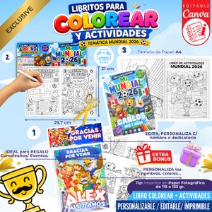 May include: A collection of coloring books and activity books with a soccer theme. The books feature the text "Mi Mundial 2026" and are designed for children. The image includes a gift box, a trophy, and the text "Extra Bonus". The paper size is A4, measuring 8.27 inches x 11.69 inches.