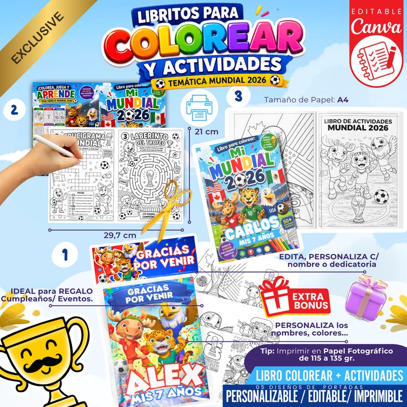 May include: A collection of coloring books and activity books with a soccer theme. The books feature the text "Mi Mundial 2026" and are designed for children. The image includes a gift box, a trophy, and the text "Extra Bonus". The paper size is A4, measuring 8.27 inches x 11.69 inches.