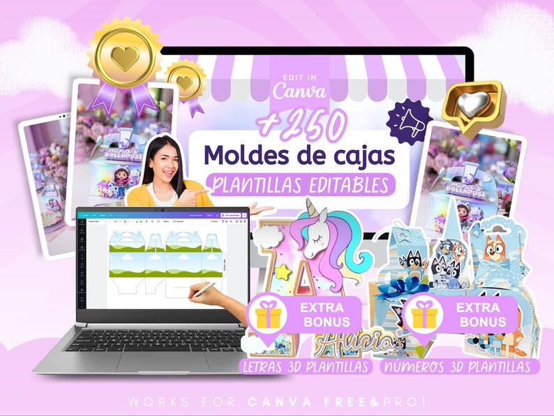 Pu&ograve; includere: Un modello di design digitale visualizzato sullo schermo di un laptop, con il testo "+250 Moldes de cajas PLANTILLAS EDITABLES" e "EXTRA BONUS". L'immagine include un unicorno, scatole regalo e una donna che indica. Il design &egrave; per Canva.