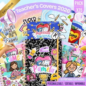 Könnte beinhalten: Eine Sammlung von Lehrer-Covern mit verschiedenen Designs, darunter Äpfel und Bleistifte, und dem Text "Teacher's Covers 2026". Die Cover zeigen Illustrationen und die Namen "Miss Pame" und "Miss Pamela". Das Paket enthält 35 Cover und ist anpassbar, editierbar und druckbar.