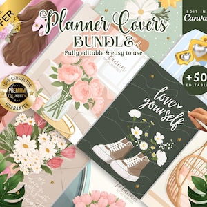 May include: A collection of planner covers with floral and illustrated designs. The covers feature text that reads "Planner Covers Bundle" and "Love Yourself". The image includes a gold seal that reads "Premium Quality Guarantee".