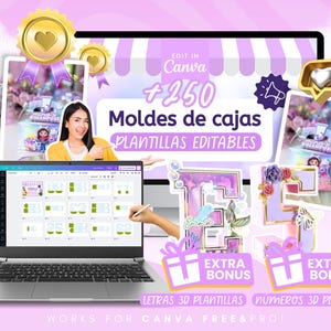 Pu&ograve; includere: Un laptop e un display del computer mostrano modelli modificabili per scatole, con il testo "+250 Moldes de cajas PLANTILLAS EDITABLES" e "EDIT IN Canva." La grafica aggiuntiva include confezioni regalo e badge dorati.