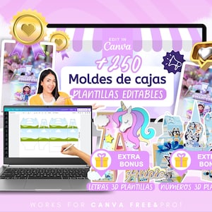 Pu&ograve; includere: Un modello di design digitale visualizzato sullo schermo di un laptop, con il testo "+250 Moldes de cajas PLANTILLAS EDITABLES" e "EXTRA BONUS". L'immagine include un unicorno, scatole regalo e una donna che indica. Il design &egrave; per Canva.