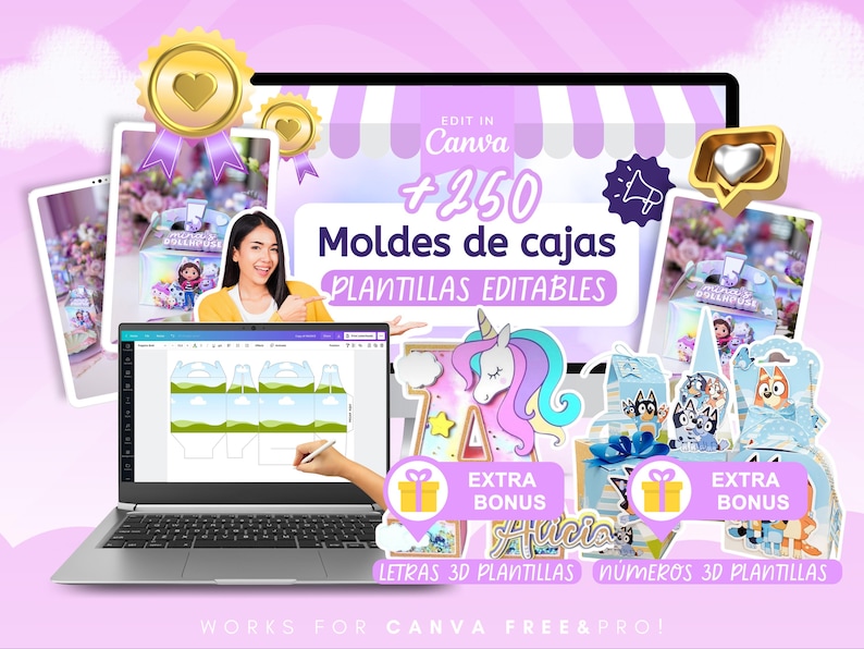 Pu&ograve; includere: Un modello di design digitale visualizzato sullo schermo di un laptop, con il testo "+250 Moldes de cajas PLANTILLAS EDITABLES" e "EXTRA BONUS". L'immagine include un unicorno, scatole regalo e una donna che indica. Il design &egrave; per Canva.