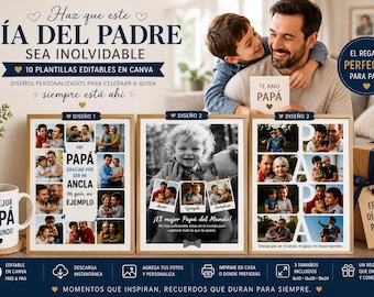 Plantillas Collage Fotos Día del Padre Editable en Canva, Regalo Personalizado para Papá, Cuadro con Fotos para Papá, Collage Día del Padre